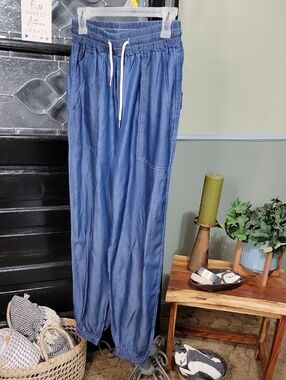 #74 Miss Sparkling Blue Chambray Jogger Pants Adjustable Tie PocketsWoman Size L
